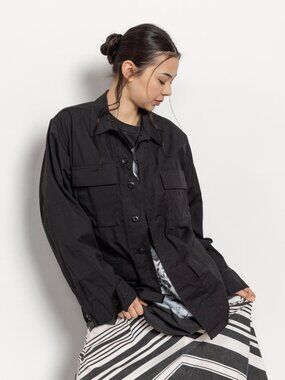 Vintage Black Canvas Utility Jacket, 90s Oversized Fit (Small)